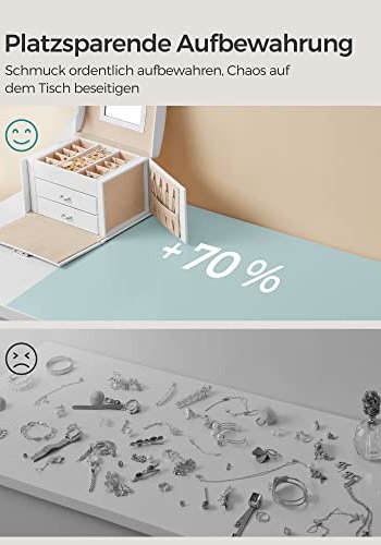 SONGMICS smykkeskrin, 3 lag, m. hndtak, 2 skuffer, lsbar, m. speil - hvit