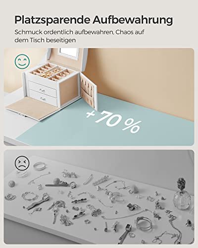 SONGMICS smykkeskrin, 3 lag, m. hndtak, 2 skuffer, lsbar, m. speil - hvit