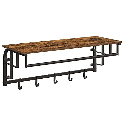 VASAGLE Hutablage, mit Kleiderstange und 5 abnehmbaren Haken – rustikale braune Spanplatte und schwarzer Stahl