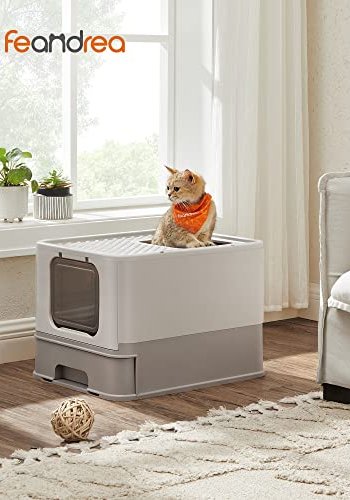 FEANDREA sppelkasse, med lokk og uttrekkbar skuff, for katter opptil 15 kg - lett og varm gr plast