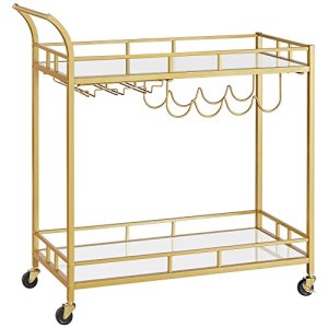 VASAGLE Serveringsvagn Trolley Glashllare 2 hyllor i spegelglas Barvagn Vinvagn Kk Matbord Bar Guld LRC090A03