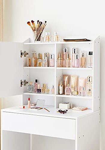 VASAGLE Schminktisch, mit Spiegel, 1 Schublade und 2 Ablagen – Spiegelglas und weiße Spanplatte (70x40)