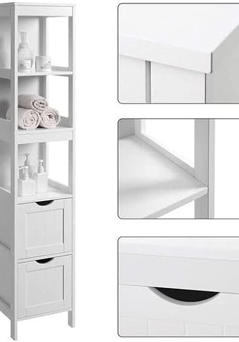 VASAGLE baderomsskap, m. 3 pne rom og 2 skuffer - hvit MDF