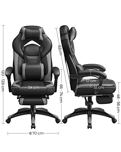 SONGMICS gaming stol, justerbar nakkest�tte og korsryggst�tte, fotst�tte, armlener - sort/gr� kunstskinn