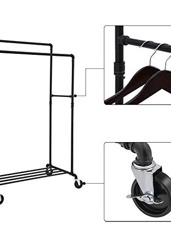 SONGMICS industrirr klesstativ p hjul, maksimal belastning p 110 kg, dobbel hengende skinne, kraftig metall med hylle, kommersiell kvalitet, svart HSR60B