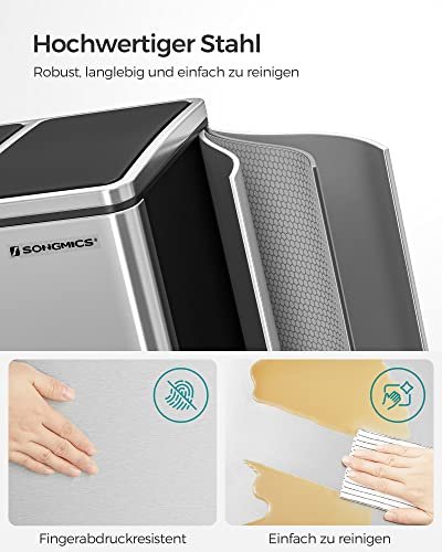 SONGMICS avfallsbeholder, 3-roms, pedal, med mykt lukket lokk, innvendig plastbeholder, hndtak - slvstl
