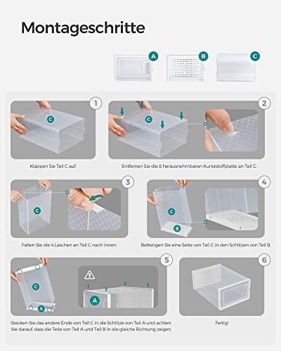 SONGMICS skoeske, stablebar, sammenleggbar, passer opp til UK strrelse 10,5 - klar/hvit plast (sett med 18)