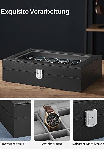 SONGMICS klokkeboks, m. 12 rom, glasslokk, avtakbare klokkeputer, metallls - grtt fôr og sort kunstskinn