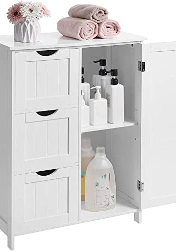 VASAGLE baderomsskap, m. 1 dr, 1 hydejusterbar hylle og 3 skuffer - hvit MDF