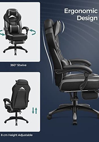 SONGMICS gaming stol, justerbar nakkest�tte og korsryggst�tte, fotst�tte, armlener - sort/gr� kunstskinn