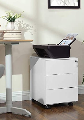 Songmics arkivskap, lsbart, m. 3 skuffer og hjul - hvitt stl