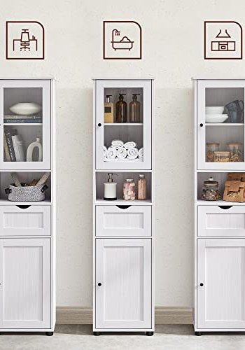 VASAGLE baderomsskap, m. 2 drer, justerbare hyller og 1 skuff - glass og hvit trekornsponplate