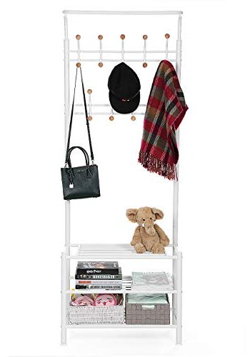 SONGMICS inngangsparti, med kroker og 3 hyller - hvitt stl