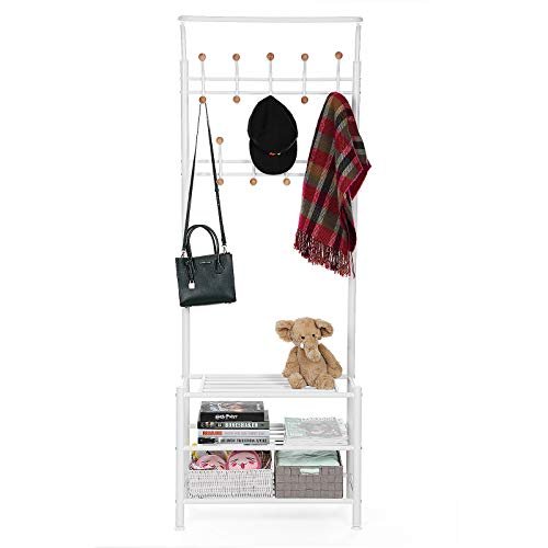SONGMICS inngangsparti, med kroker og 3 hyller - hvitt stl