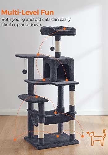 FEANDREA skrapetre, m. 5 niver, topplater, hi og hengekye - rykgr plysj, sisal og sponplater