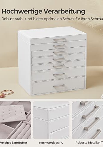 SONGMICS smykkeskrin, m. 6 lag, 5 skuffer, speil - hvit MDF