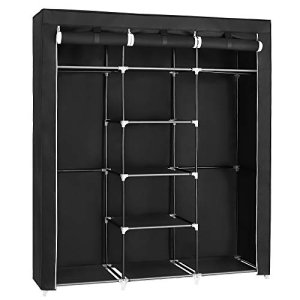 SONGMICS garderobeskab, sammenfoldelig, m. 2 bjlestnger og hylder - sort lrred og stl