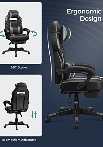 SONGMICS gaming stol, med armlener, fotsttte, hodesttte og korsryggpute - svart og gr PU og stl
