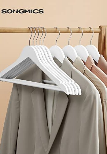 SONGMICS kleshenger med skulderhakk, sklisikker samlestang, 360° roterbar krok - hvitt tre (sett med 20)