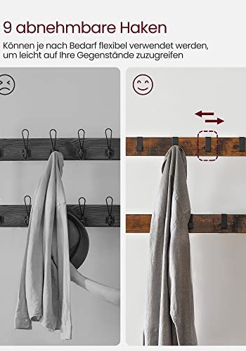 VASAGLE Flurregal, mit 9 Haken, 1 Kleiderstange, 3 Ablagen – braunes MDF und schwarzer Stahl