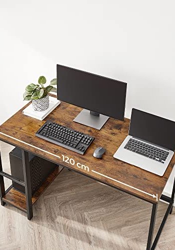 VASAGLE skrivebord, m. 2 hyller - rustikk brun sponplate og sort stl (120x60)