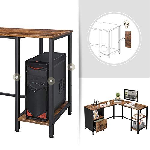 VASAGLE hjrnepult, med hengende arkivskap, 2 hyller - brun sponplate og sort stl (137x151)