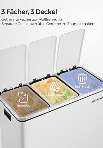SONGMICS avfallsbeholder, 3-roms pedalbeholder, soft close lokk, innvendige plastbeholdere, hndtak - hvitt stl