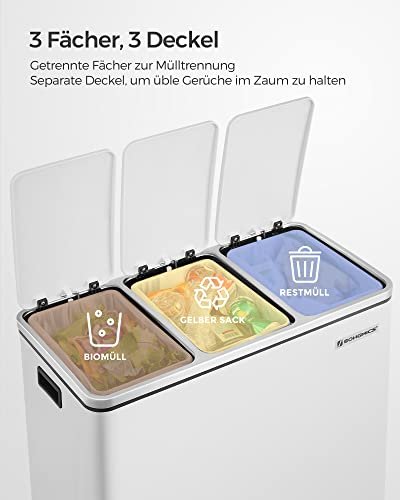 SONGMICS avfallsbeholder, 3-roms pedalbeholder, soft close lokk, innvendige plastbeholdere, hndtak - hvitt stl