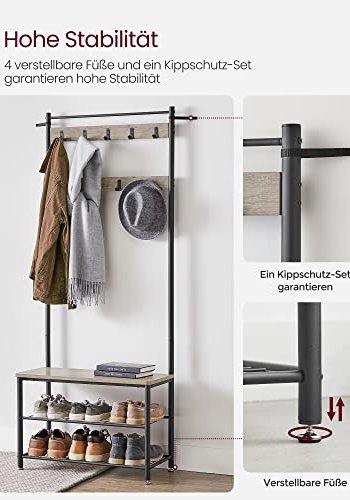 VASAGLE inngangsarrangement, m. 9 kroker, 3 hyller - greige sponplater og sort stl