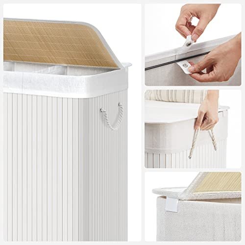 SONGMICS vasketjskurv, m. 3 sektioner, clip-on lg og hndtag - hvid bomuld og hvid bambus