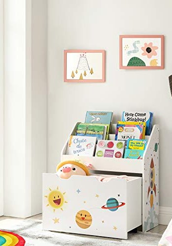 SONGMICS barnebokhylle, m. 3 hyller, flyttbar oppbevaringsboks, hjul - hvit og flerfarget MDF/sponplate