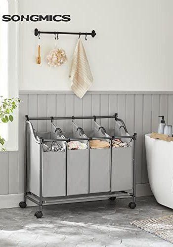 SONGMICS rullende vasketjskurv med 4 aftagelige poser og hjul - gr polyester stof og gr jern