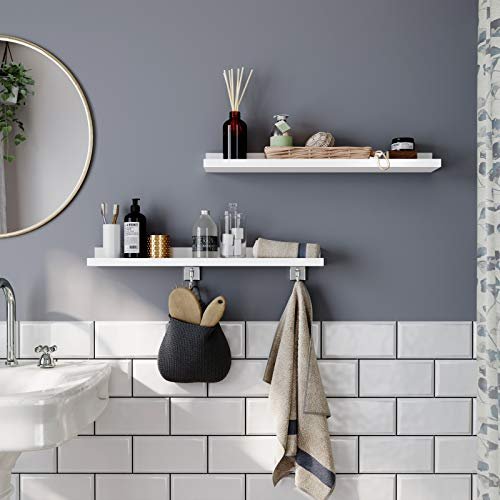 SONGMICS Flytande hyllor Set om 2, vägghyllor kant med högglansig finish, 60 x 10 cm, för tavelramar och böcker, vardagsrum, hall, sovrum, badrum, kök, kontor, vit LWS60WT