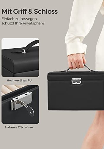 SONGMICS smykkeskrin, m. 2 skuffer, speil, reiseveske - sort kunstskinn