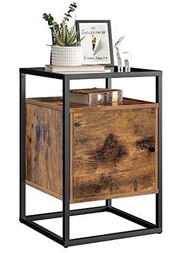 VASAGLE nattbord, m. 1 dr og 1 hylle - herdet glass, rustikk brun sponplate og svart jern (40x40)