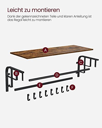 VASAGLE Hutablage, mit Kleiderstange und 5 abnehmbaren Haken – rustikale braune Spanplatte und schwarzer Stahl