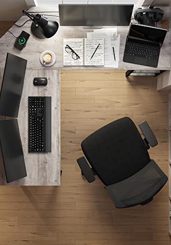 VASAGLE L-formet hjrnepult, m. 2 hyller - greige sponplater og sort stl