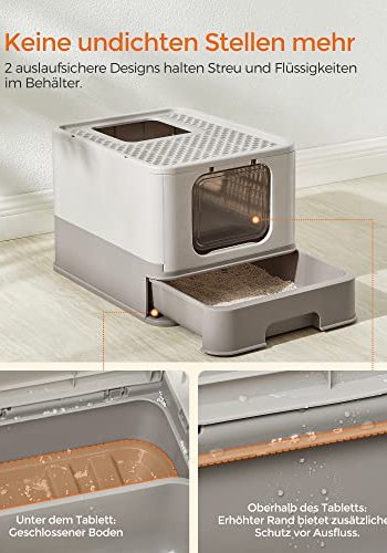 FEANDREA sppelkasse, med lokk og uttrekkbar skuff, for katter opptil 15 kg - lett og varm gr plast