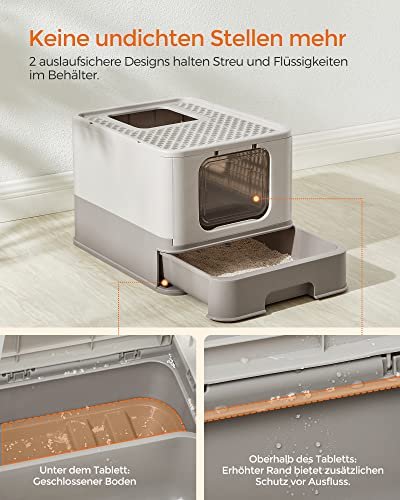 FEANDREA sppelkasse, med lokk og uttrekkbar skuff, for katter opptil 15 kg - lett og varm gr plast