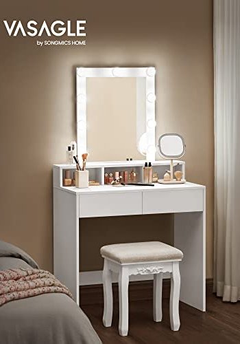 VASAGLE Schminktisch, mit Spiegel, Glühbirnen, 2 Schubladen, 3 Fächern – Spiegelglas und weiße Spanplatte (80x40)