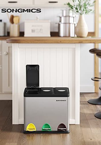 SONGMICS avfallsbeholder, med lokk, 3-i-1 pedalbtte - slv stl