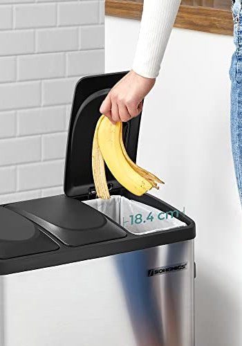 SONGMICS avfallsbeholder, m. 3 rom, pedaler - slv rustfritt stl og svart polypropylen