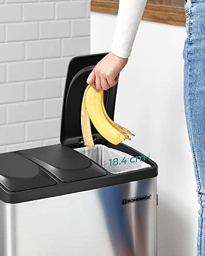 SONGMICS avfallsbeholder, m. 3 rom, pedaler - slv rustfritt stl og svart polypropylen