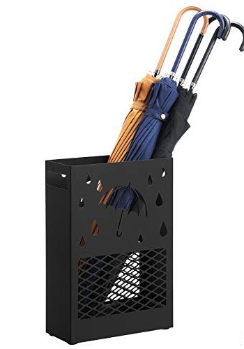 SONGMICS paraplystativ, rektangulrt, m. avtakbart dryppbrett, 4 kroker, utskjringer - svart stl