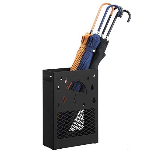 SONGMICS paraplystativ, rektangulrt, m. avtakbart dryppbrett, 4 kroker, utskjringer - svart stl