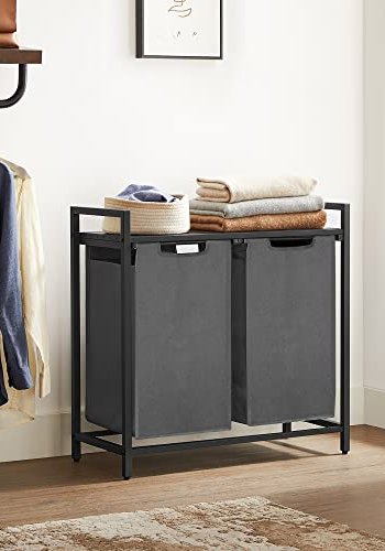 VASAGLE Wäschekorb, m. 2 Fächern – braunes MDF und grauer Stoff/Stahl