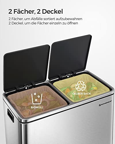 SONGMICS avfallsbeholder, m. 2 rom, plastbtter, lokk,, luktforsegling - slv og sort stl