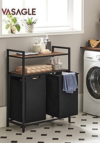 VASAGLE Wäschekorb, m. 2 Fächern und 2 Ablagen – braunes MDF und schwarzer Stoff/Stahl