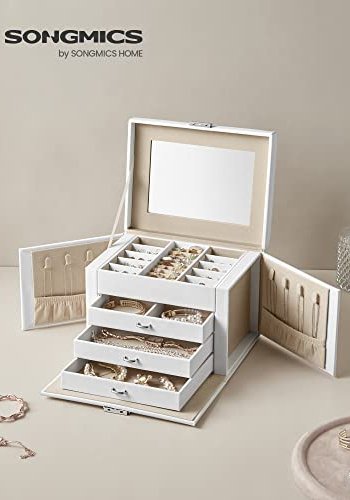SONGMICS smykkeskrin, 4 lag, lsbar smykkeboks med skuffer, flyelsfôr ? hvit 
