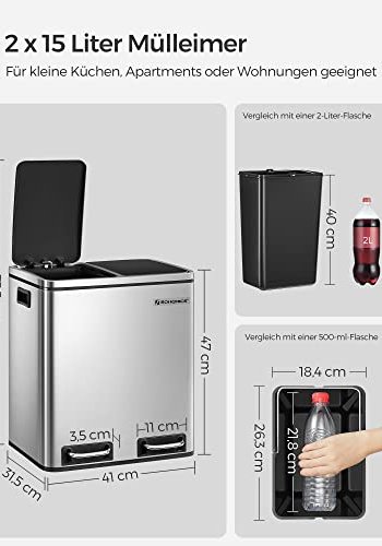 SONGMICS avfallsbeholder, trinnbeholder, med innerbeholder og hndtak - slv rustfritt stl